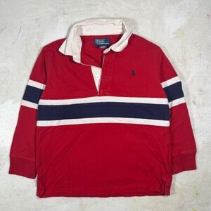 Vintage Polo Ralph Lauren Kids 4T Striped Rugby Shirt Long Sleeve Red Blue USA